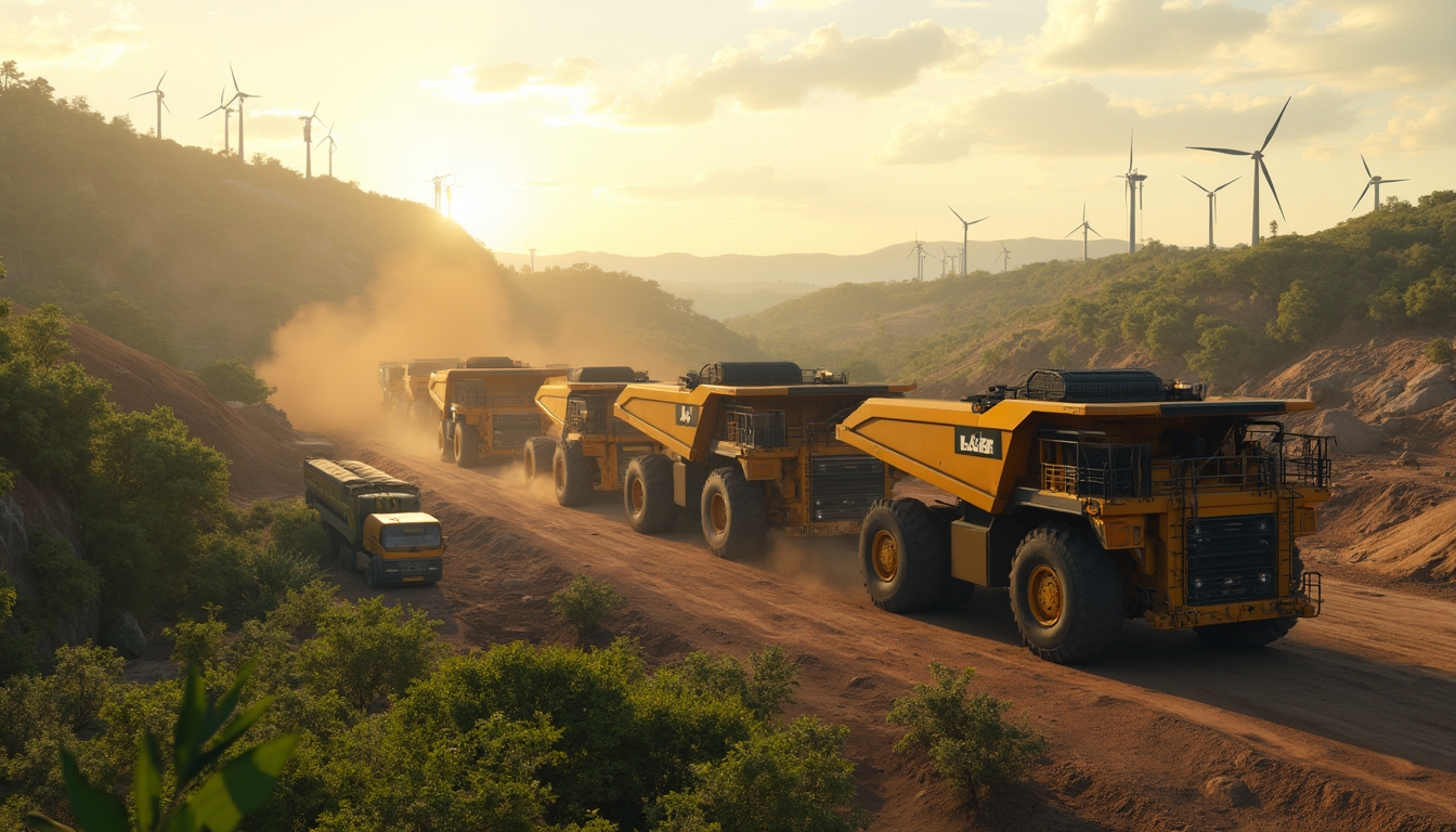 Mining trucks with wind turbines background.