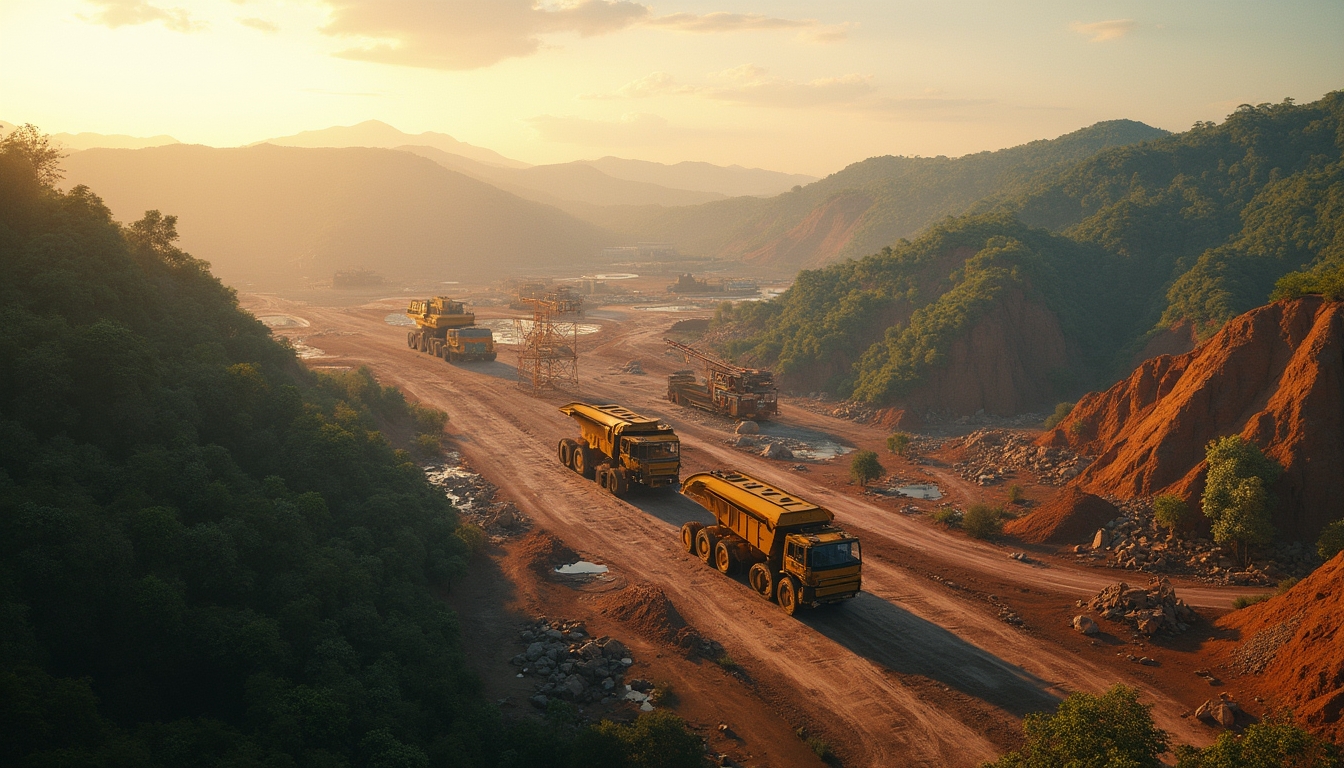 Construction site with trucks on a dirt road, surrounded by hills at sunrise.