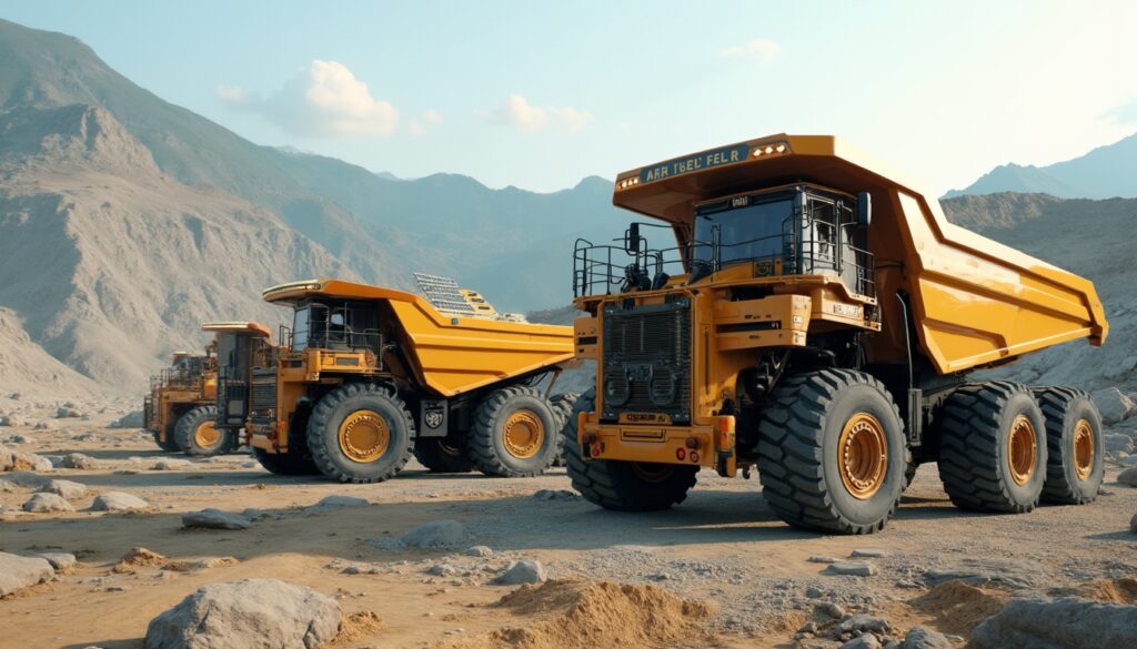 Three large yellow mining trucks on a rocky landscape with mountains in the background under a clear sky.