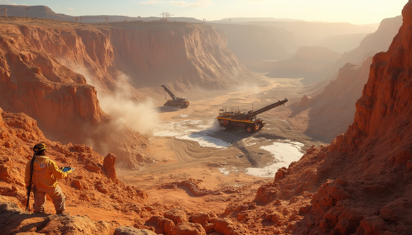 Worker observing machinery in a vast, dusty canyon during excavation on a sunny day.