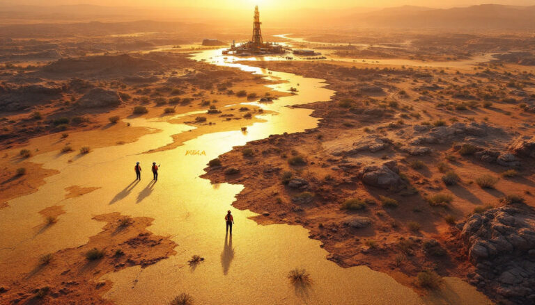 Viking Mines Ltd-VKA-Desert landscape at sunset with three people walking towards a distant tower.