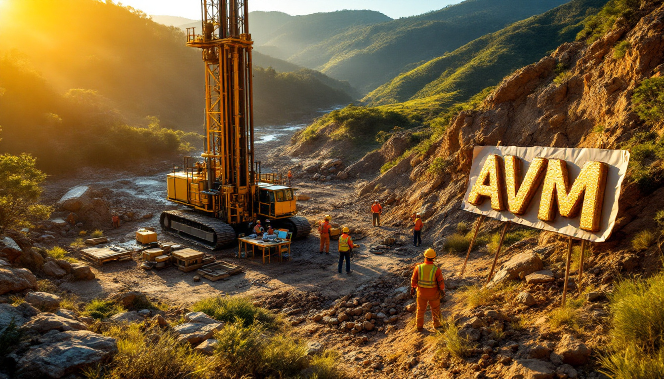 Advance Metals Ltd-AVM-Construction workers near a large drilling machine in a scenic mountainous landscape at sunrise.