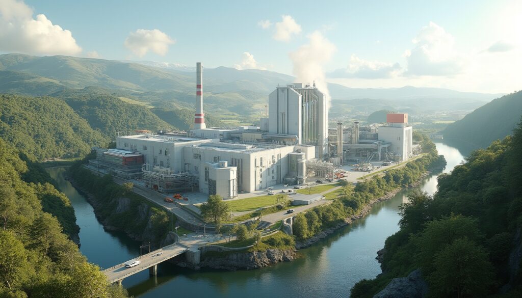 Industrial plant nestled in a lush valley, bordered by a winding river and distant mountains.