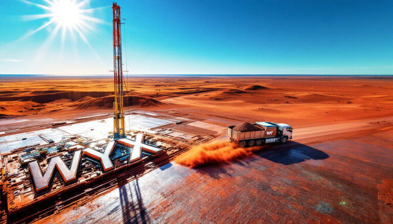 Western Yilgarn NL-WYX-Drone view of a construction site in a desert with a truck and large "WYX" letters on the ground.