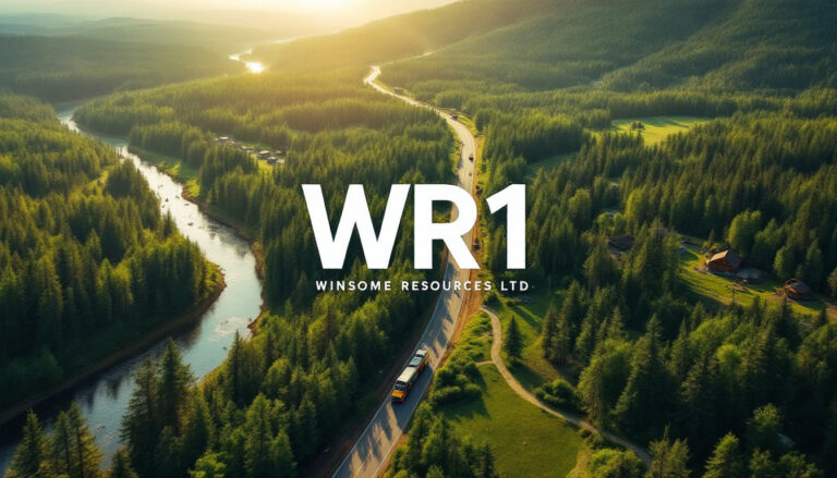 Winsome Resources Ltd-WR1-A lush forest landscape with a winding river and a road. Text: WR1 Winsome Resources Ltd.