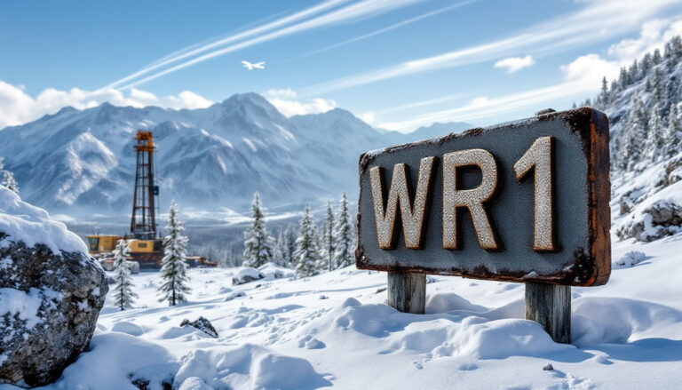 Winsome Resources Ltd-WR1-Snowy landscape with WR1 sign, distant drilling rig, mountains, and airplane in the sky.