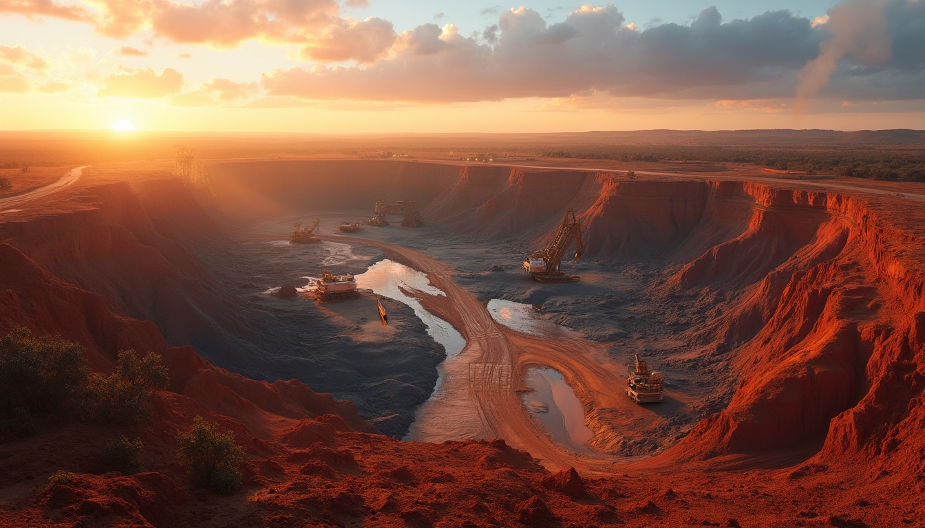 Sunset over a large open-pit mine with red earth and machinery visible in the pit.