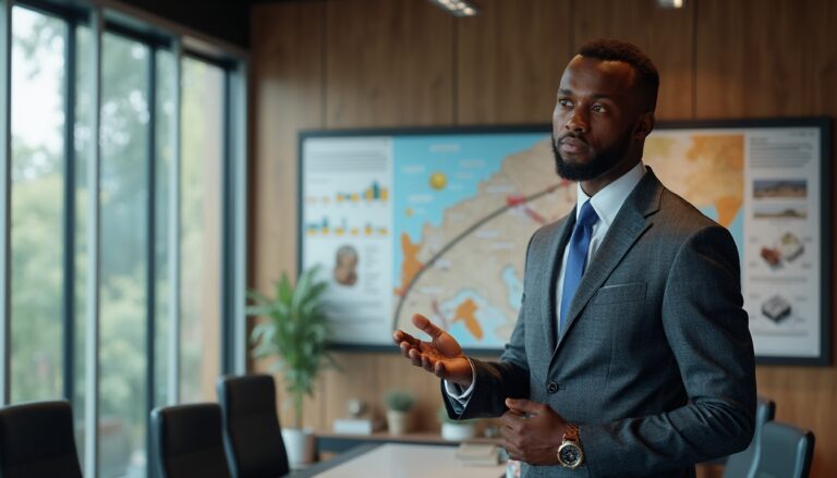 Man in a suit giving a presentation in a conference room with maps on the wall.