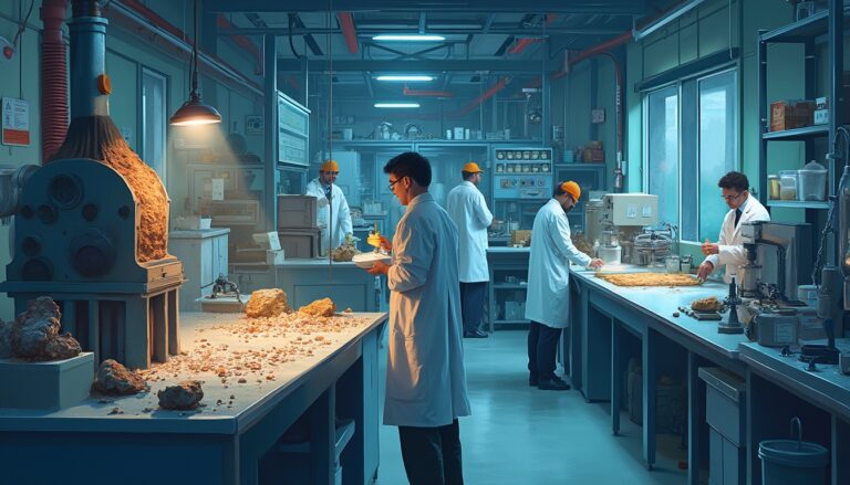 Five scientists in a lab studying rock samples on tables, wearing white coats and yellow hats.