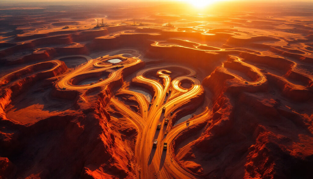 Australian Gold and Copper Ltd-AGC-Sunset over a winding desert road with cars, casting long shadows and warm, glowing light.