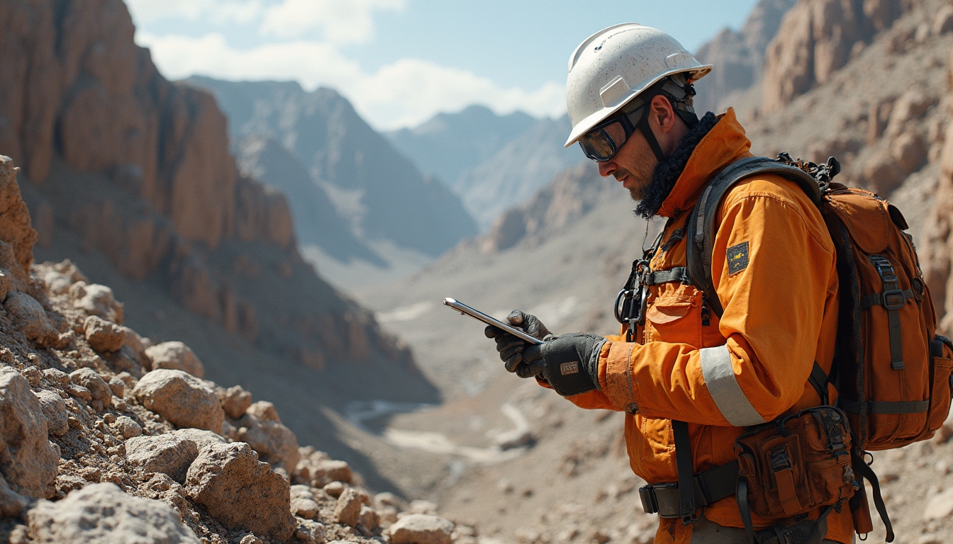 Miner examining data in rugged terrain.