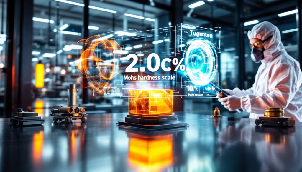 Researcher analyzing tungsten data with hologram.