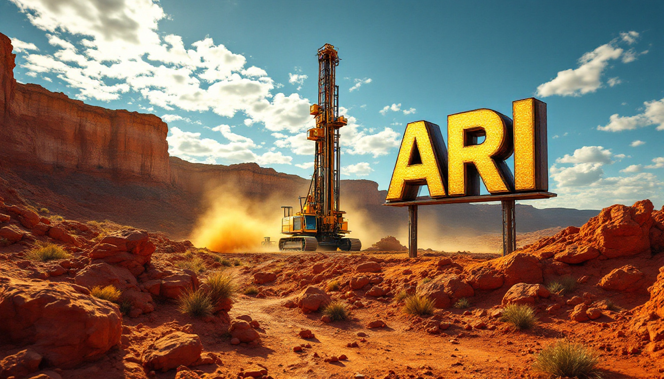 Arika Resources Ltd-ARI-Desert landscape with a drilling rig and large "ARI" sign under a blue sky with clouds.