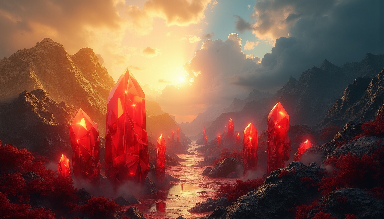 Futuristic red crystals landscape, sunset view.