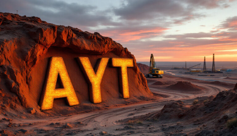 Austin Metals Ltd-AYT-Large glowing letters "AYT" in a rocky landscape at sunset with construction equipment.