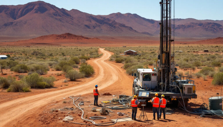 Austin Metals Ltd-AYT-Workers in hard hats operate drilling equipment in a desert landscape with mountains in the background.