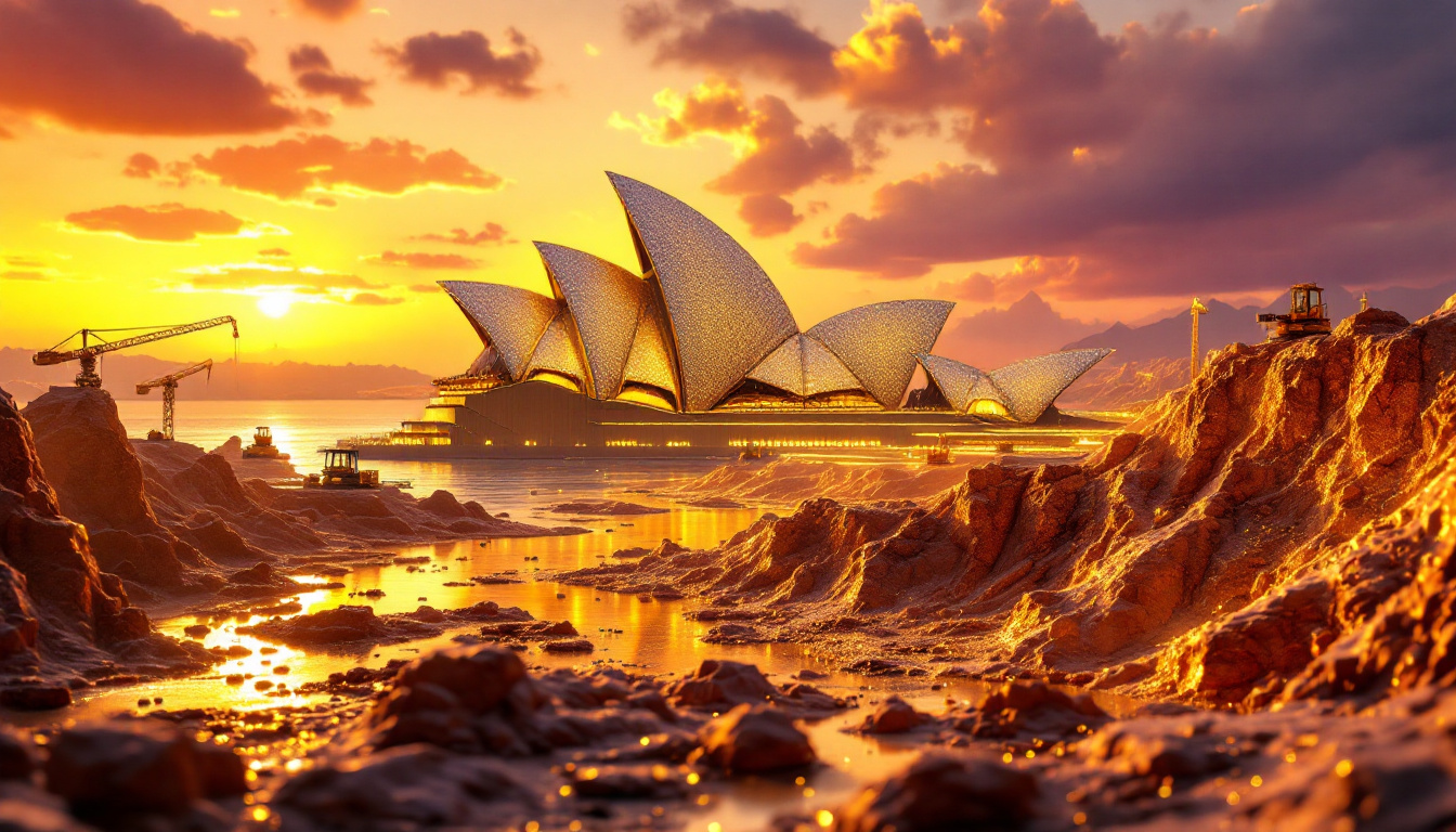 Sydney Opera House at sunset with gold.