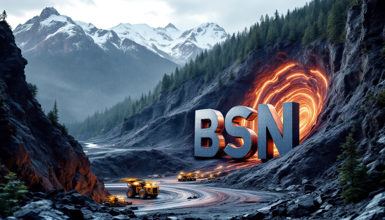 Basin Energy Ltd-BSN-"BSN letters emerge from glowing tunnel in mountain with trucks nearby and snowy peaks in background."