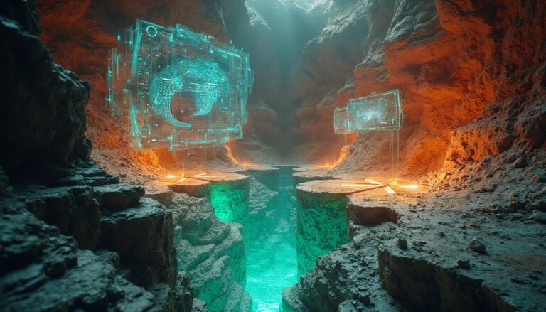 Futuristic cave with digital displays.