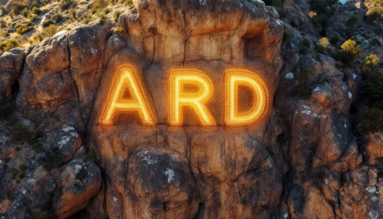 Argent Minerals Ltd-ARD-ARD letters glowing on rocky cliff.