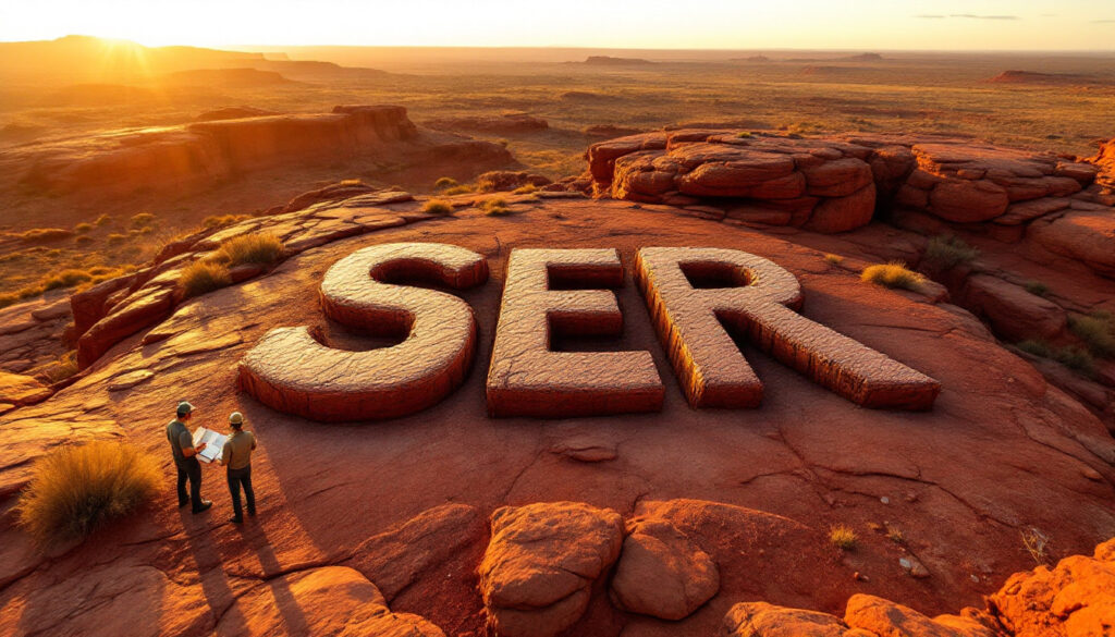 Strategic Energy Resources Ltd-SER-Giant "SER" letters carved into rocky desert terrain at sunset with two people standing nearby.