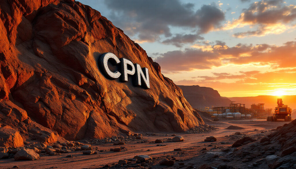 Caspin Resources Ltd-CPN-"CPN" logo on rocky hillside with industrial site at sunset in the background.