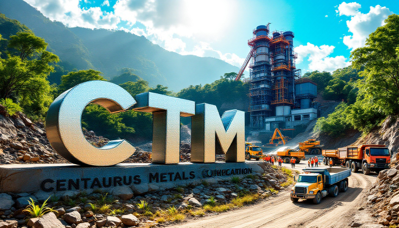 Centaurus Metals Ltd-CTM-Large CTM letters with industrial site, trucks, and workers in a forested mountain area.