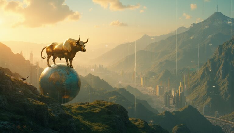 Golden bull atop globe, symbolizing investment.