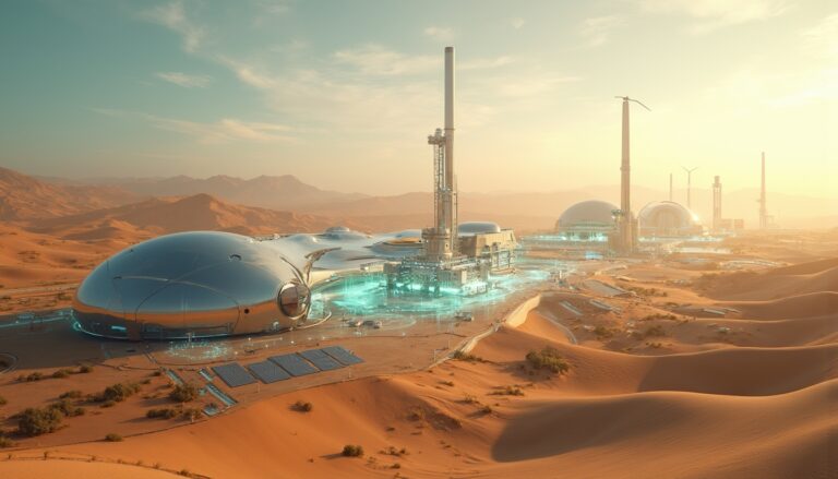 Futuristic thorium plant in desert.