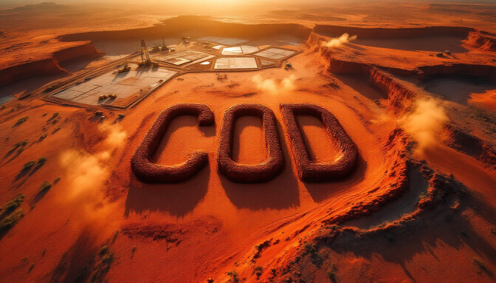 Coda Minerals Ltd-COD-Aerial view of desert landscape with "COD" spelled out in rocky, crater-like formations.