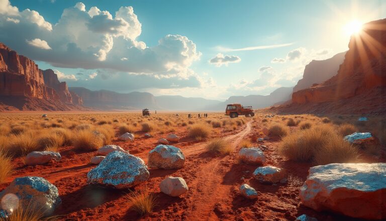 Desert landscape with mineral exploration vehicles.