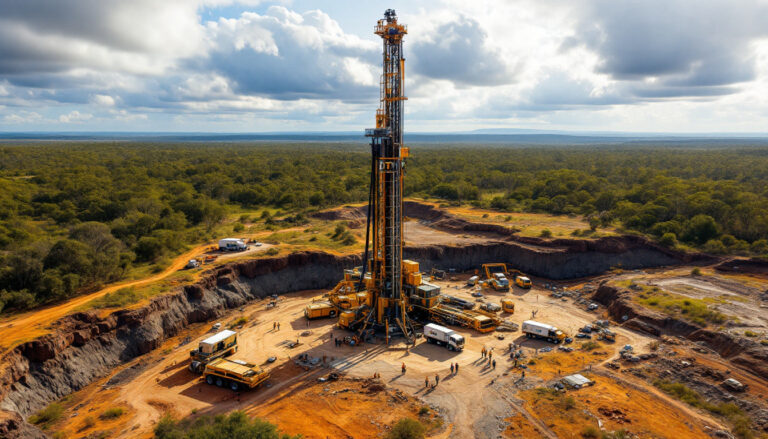 Dart Mining NL-DTM-Aerial view of a large drilling rig in a forested area under a cloudy sky.
