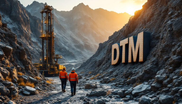 Dart Mining NL-DTM-Two workers walk toward a lit drilling rig in a rocky valley with "DTM" on the cliffside at sunset.