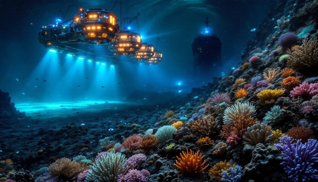 Underwater mining site with vibrant corals.