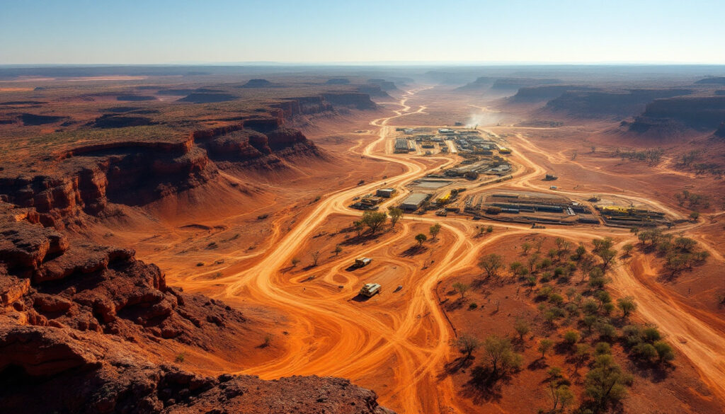 Dreadnought Resources Ltd-DRE-Aerial view of a desert landscape with winding orange dirt roads and buildings nestled between cliffs.