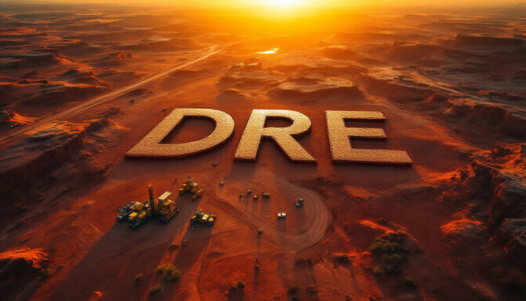 Dreadnought Resources Ltd-DRE-DRE letters on desert landscape at sunrise.