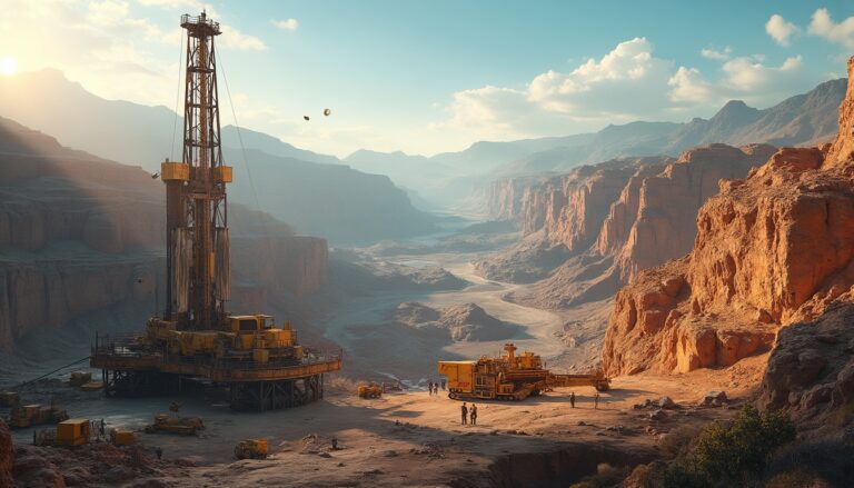 Drilling rig in a desert canyon.