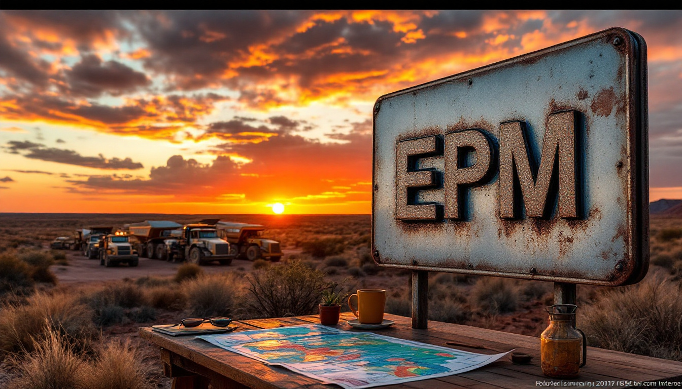 Eclipse Metals Ltd-EPM-Rusted sign with "EPM" against a vibrant sunset, trucks in the distance, map and mug on table.