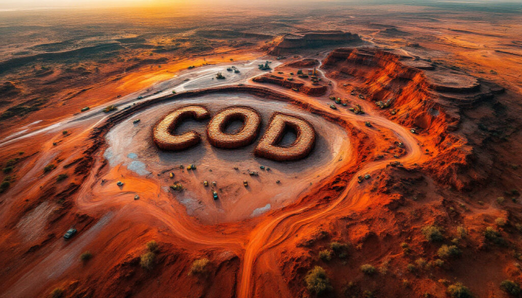 Coda Minerals Ltd-COD-Aerial view of desert terrain shaped into the word "COD" surrounded by rugged red-orange landscape.