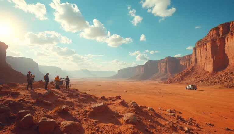 Desert exploration scene with researchers.