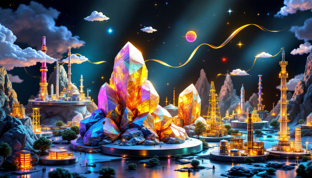 Colorful crystals and futuristic industrial landscape.