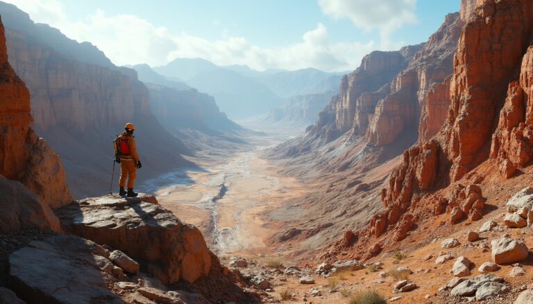 Exploration geologist surveying rugged canyon.