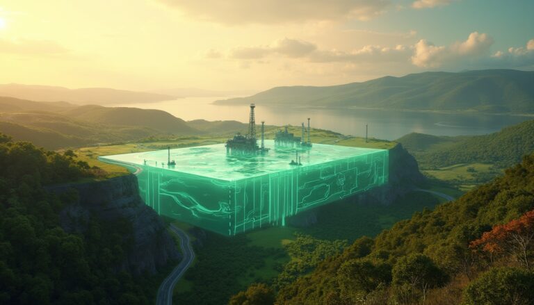 Futuristic landscape depicting fracking technology.