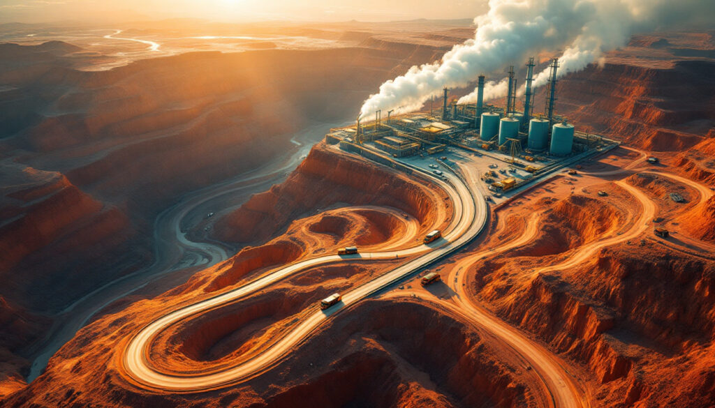 Futuristic copper mining site at sunset.