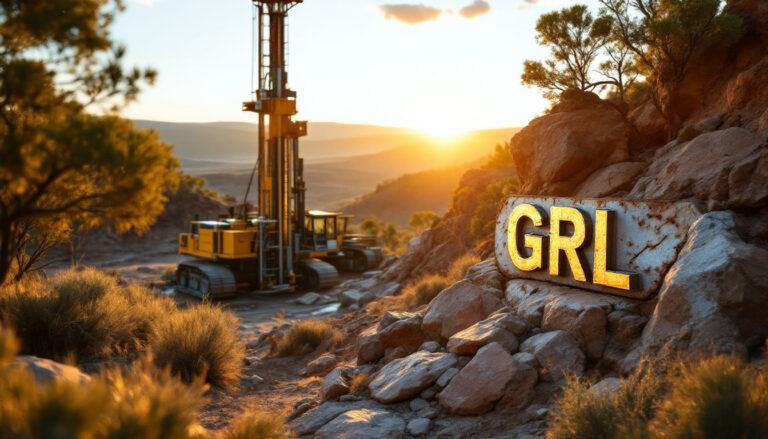 Godolphin Resources Ltd-GRL-Sunset over a rocky terrain with a large "GRL" sign and drilling equipment in the background.