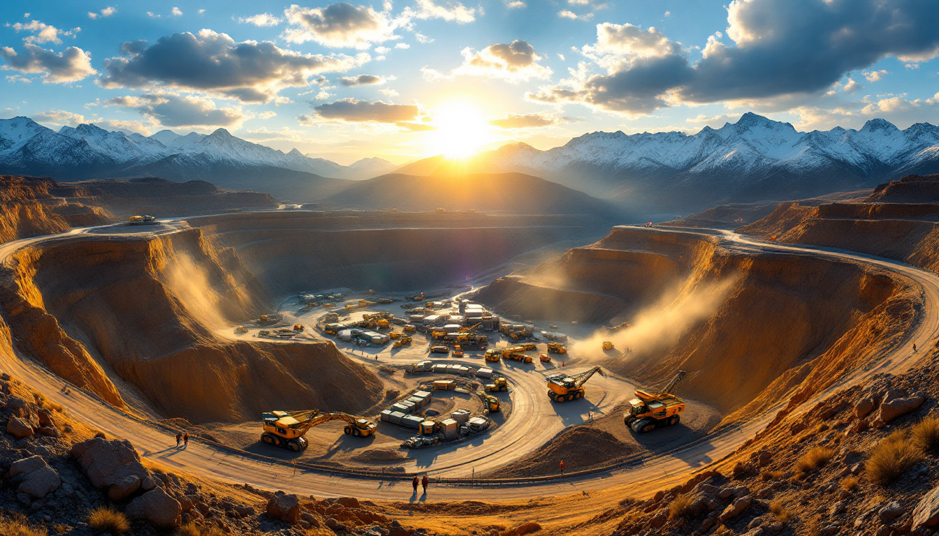 Opencast gold mine with mountain backdrop.