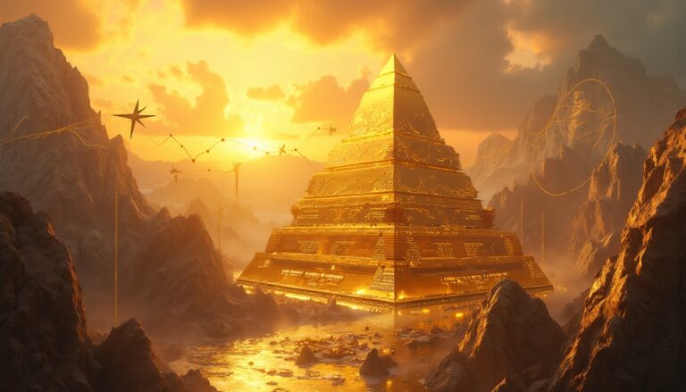 Golden pyramid amidst dramatic sunset.