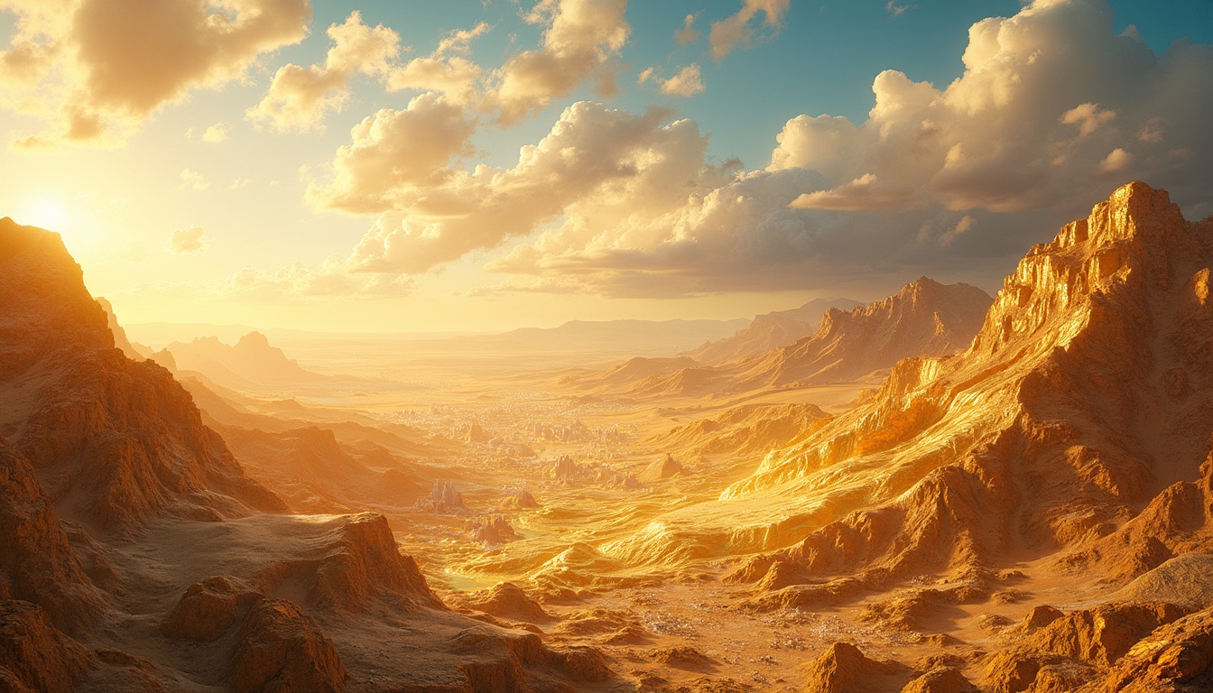 Golden mountainous landscape at sunset.