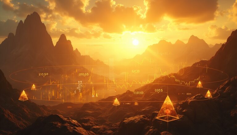 Sunset over mountains with gold charts.