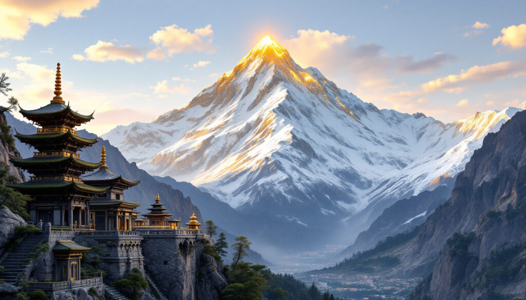 Majestic mountains and temples at sunrise.